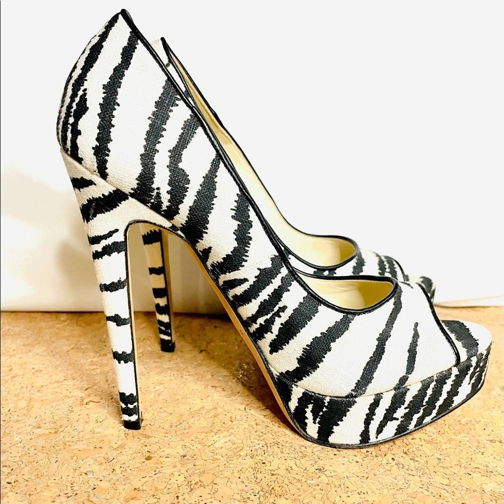 Brian Atwood Linen Zebra Print Open Toe Pump - image 1